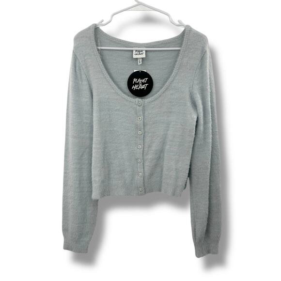 NEW Planet Heart Light Blue Soft Eyelash Knit Cardigan L Pearl Gem Button Fuzzy - Picture 1 of 9